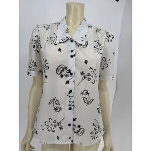 Vintage Judy Bond 1970s Short Sleeve Top White with Black Floral Print Sz 12